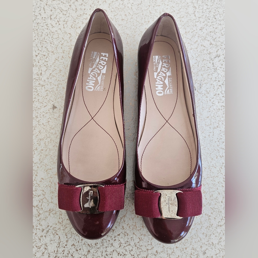 Salvatore Ferragamo Burgundy Bow Ballet Flats